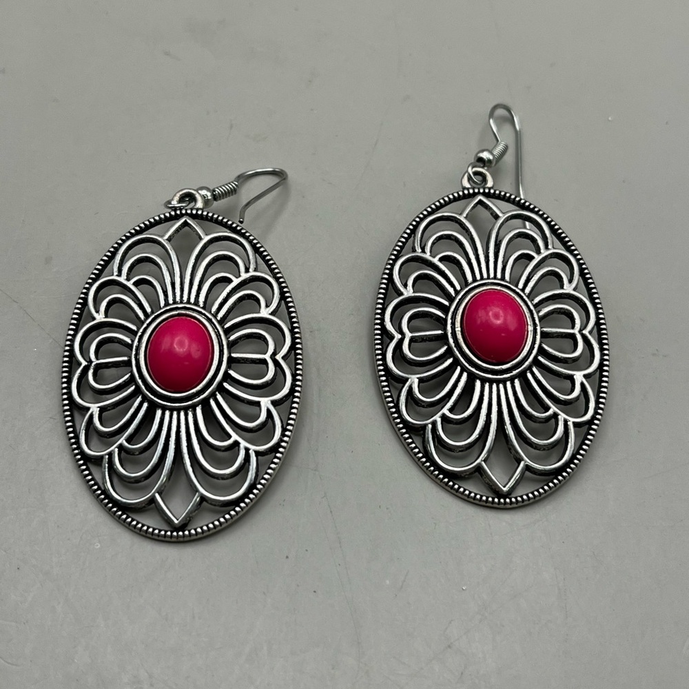Elegant Silver and Pink Floral Earrings Boho Chic Statement Jewelry